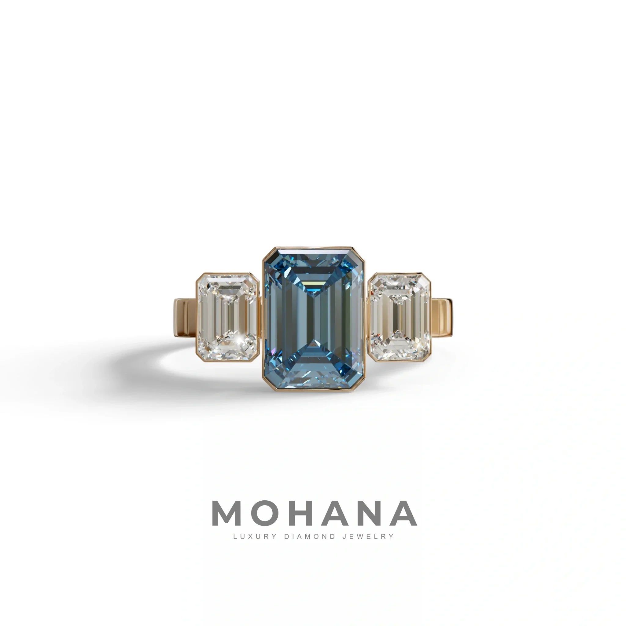 Three Stone 3 Carat Blue Lab Grown Diamond Engagement Ring - Elaris - 10K Solid Gold / Rose Gold