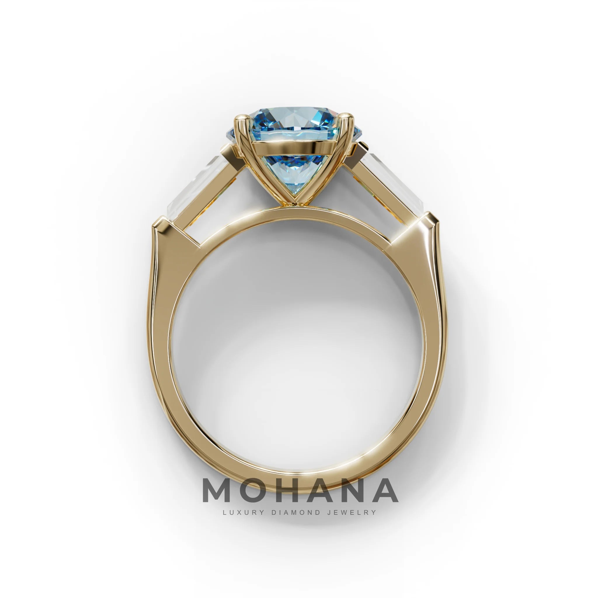 3 Carat Blue Round & Tapered Cut Multi Stone Lab Diamond Ring - Reflection