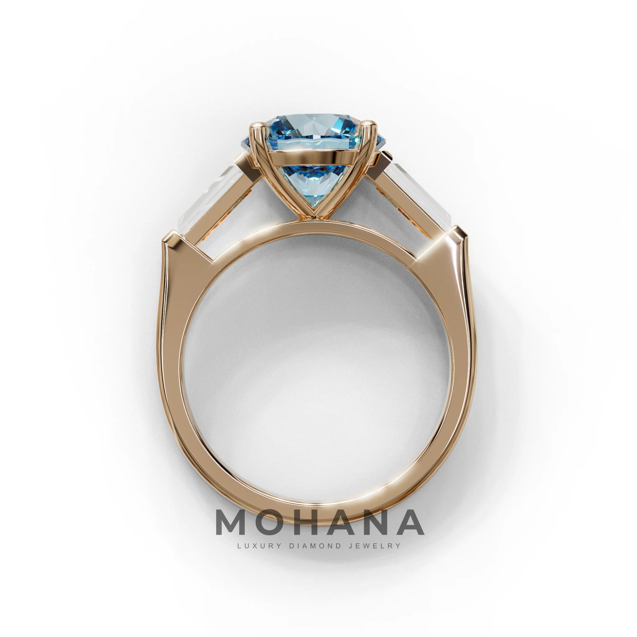 3 Carat Blue Round & Tapered Cut Multi Stone Lab Diamond Ring - Reflection