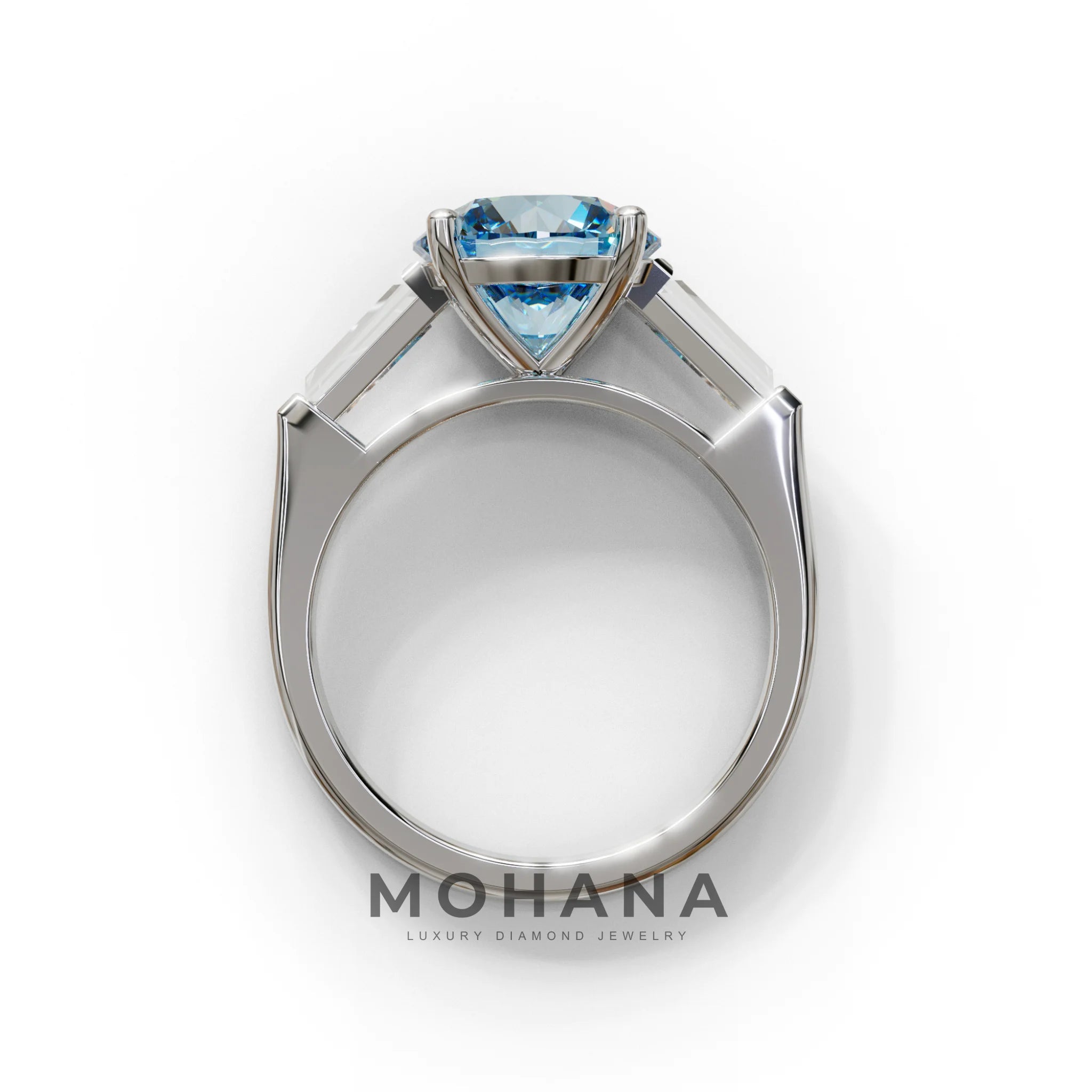 3 Carat Blue Round & Tapered Cut Multi Stone Lab Diamond Ring - Reflection