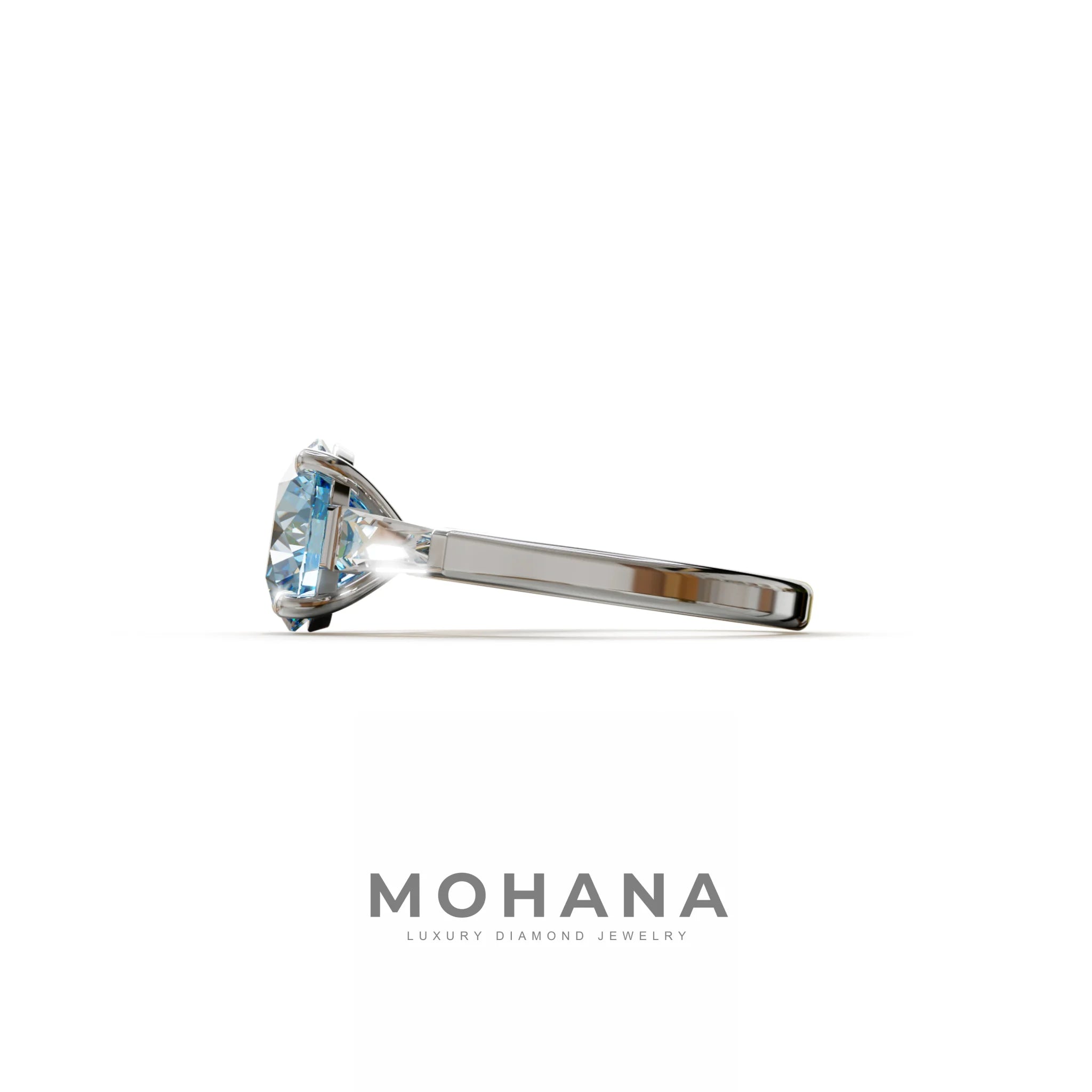 3 Carat Blue Round & Tapered Cut Multi Stone Lab Diamond Ring - Reflection