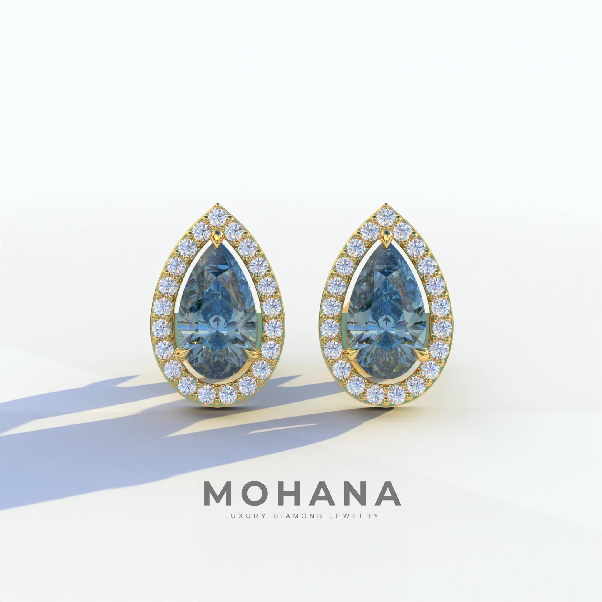 3 Carat Blue Pear Cut Lab Diamond Stud Earrings | Halo Setting - Kelly - 10K Solid Gold / Yellow Gold