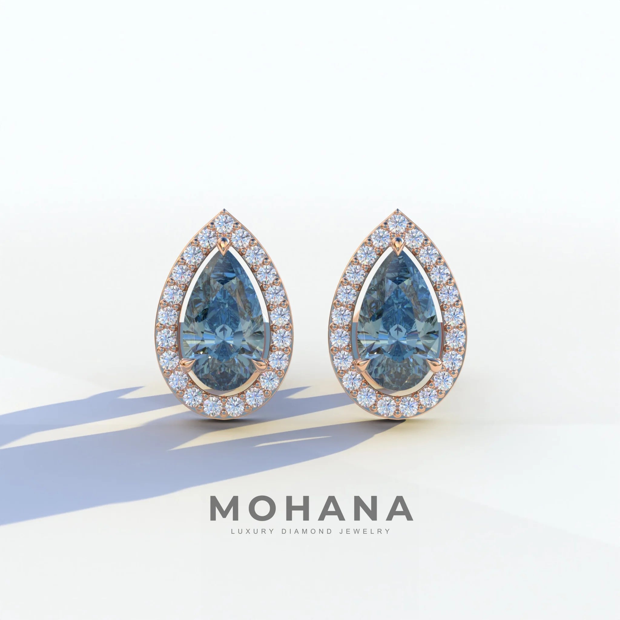 3 Carat Blue Pear Cut Lab Diamond Stud Earrings | Halo Setting - Kelly - 10K Solid Gold / Rose Gold