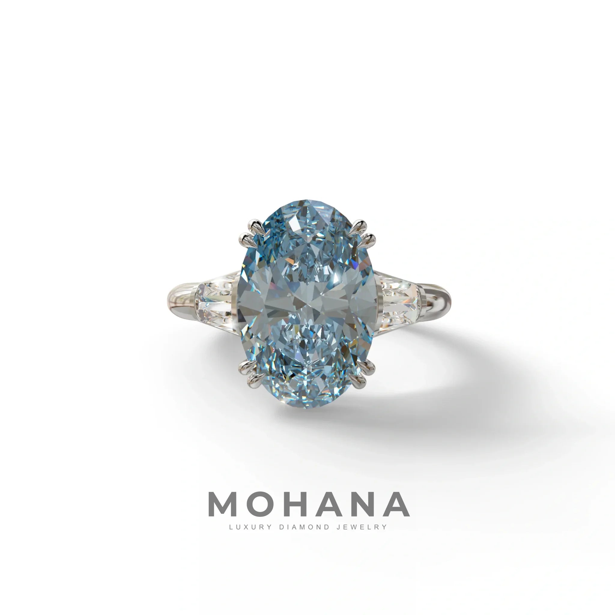 3 Carat Blue Oval & Baguette Lab Diamond Ring - Persi - 10K Solid Gold / White Gold