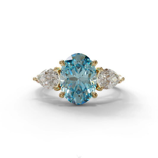 3 Carat Blue Oval Lab Grown Diamond Engagement Ring – Three Stone Pear Cut Setting - 10K Solid Gold / Yellow Gold
