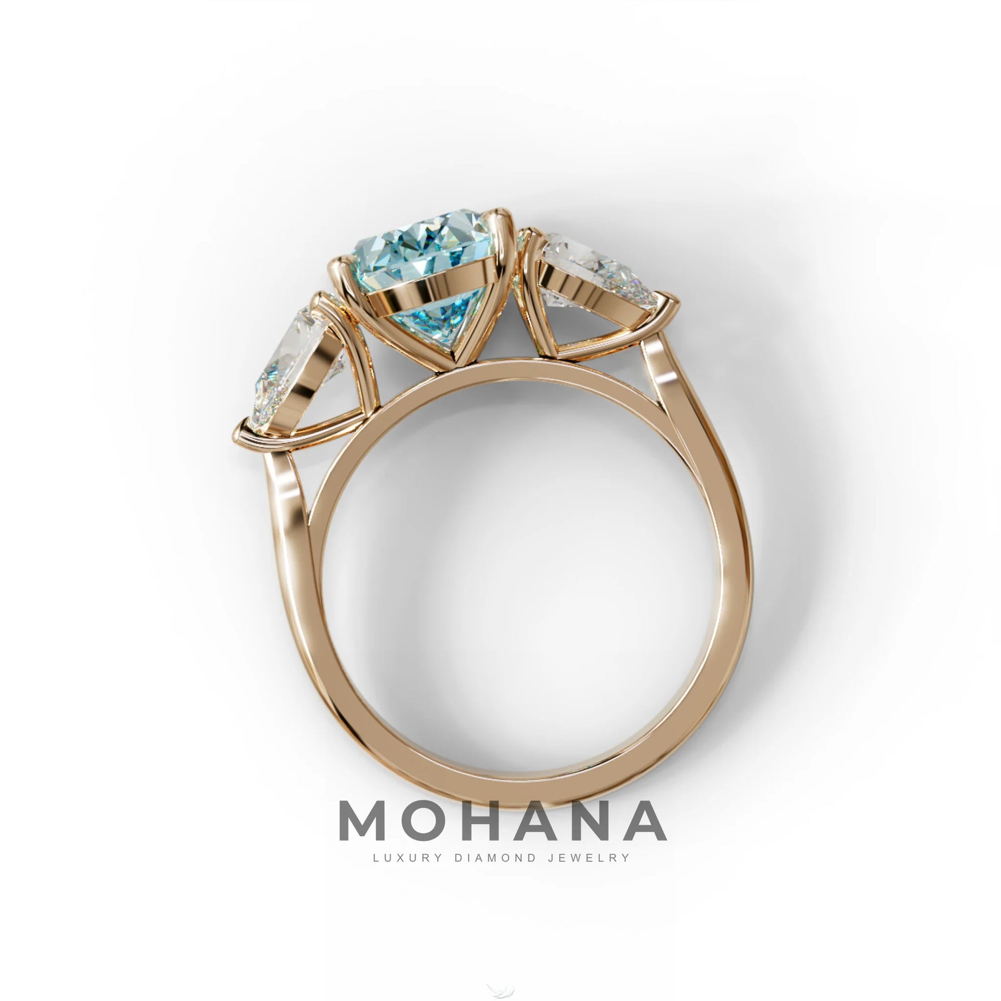 3 Carat Blue Oval Lab Grown Diamond Engagement Ring – Three Stone Pear Cut Setting