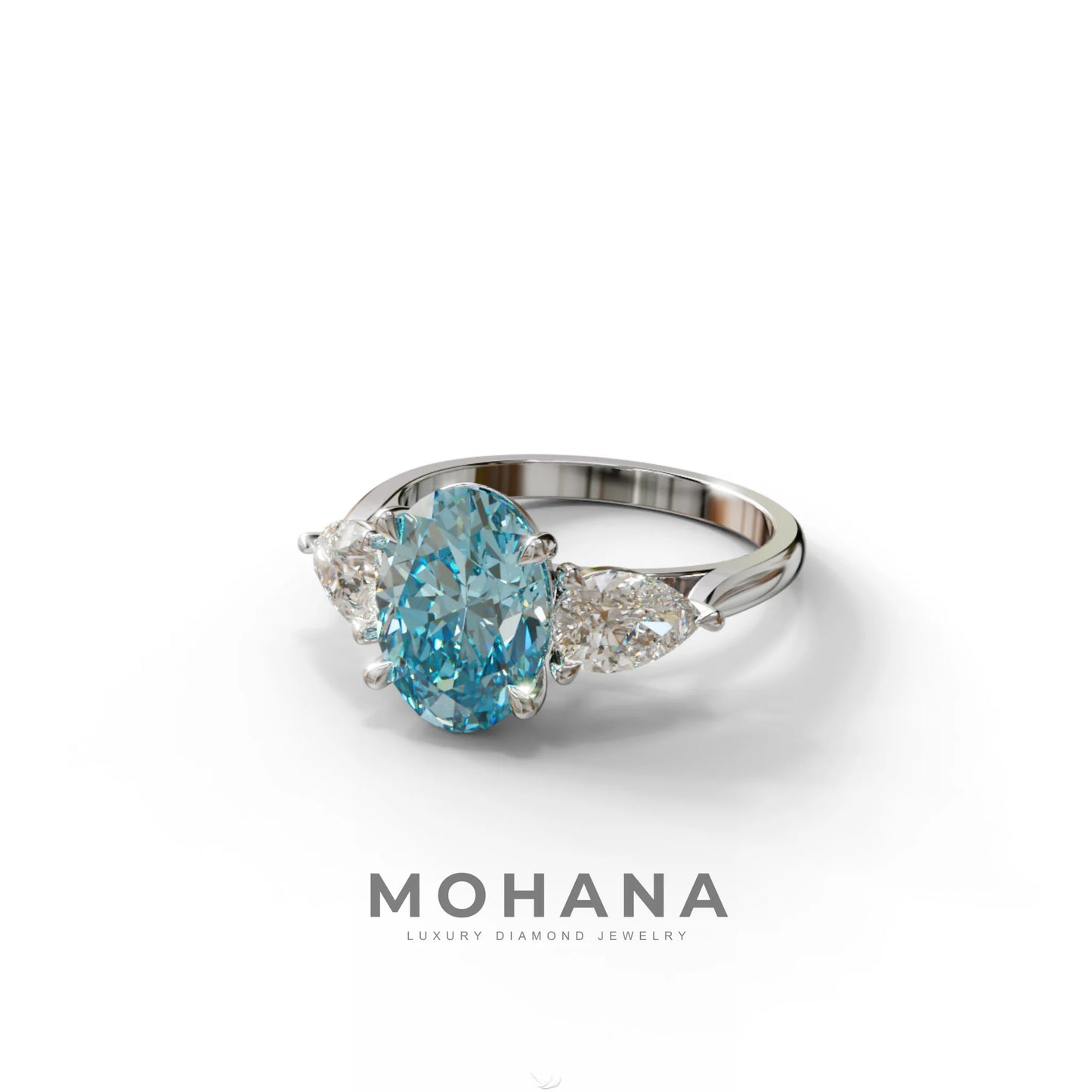 3 Carat Blue Oval Lab Grown Diamond Engagement Ring – Three Stone Pear Cut Setting