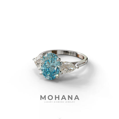 3 Carat Blue Oval Lab Grown Diamond Engagement Ring – Three Stone Pear Cut Setting