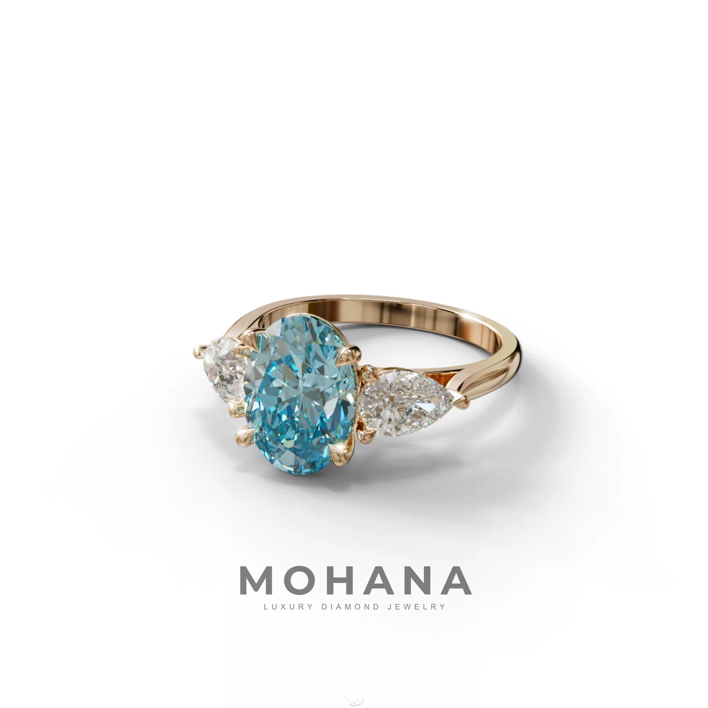 3 Carat Blue Oval Lab Grown Diamond Engagement Ring – Three Stone Pear Cut Setting
