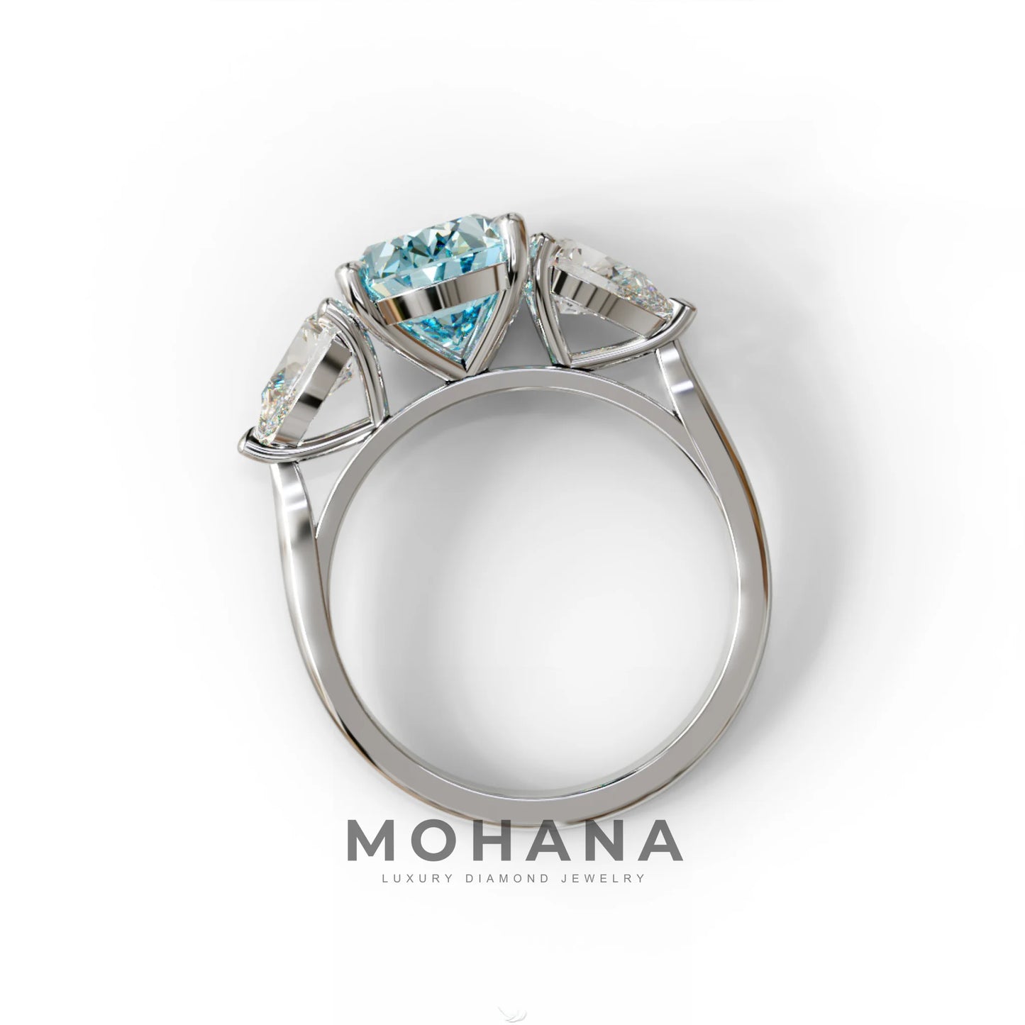 3 Carat Blue Oval Lab Grown Diamond Engagement Ring – Three Stone Pear Cut Setting