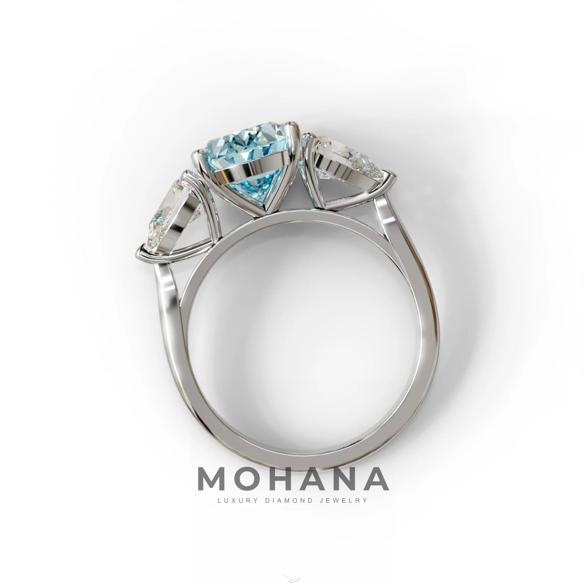 3 Carat Blue Oval Lab Grown Diamond Engagement Ring – Three Stone Pear Cut Setting