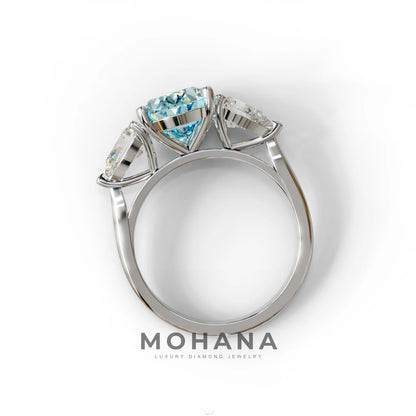 3 Carat Blue Oval Lab Grown Diamond Engagement Ring – Three Stone Pear Cut Setting