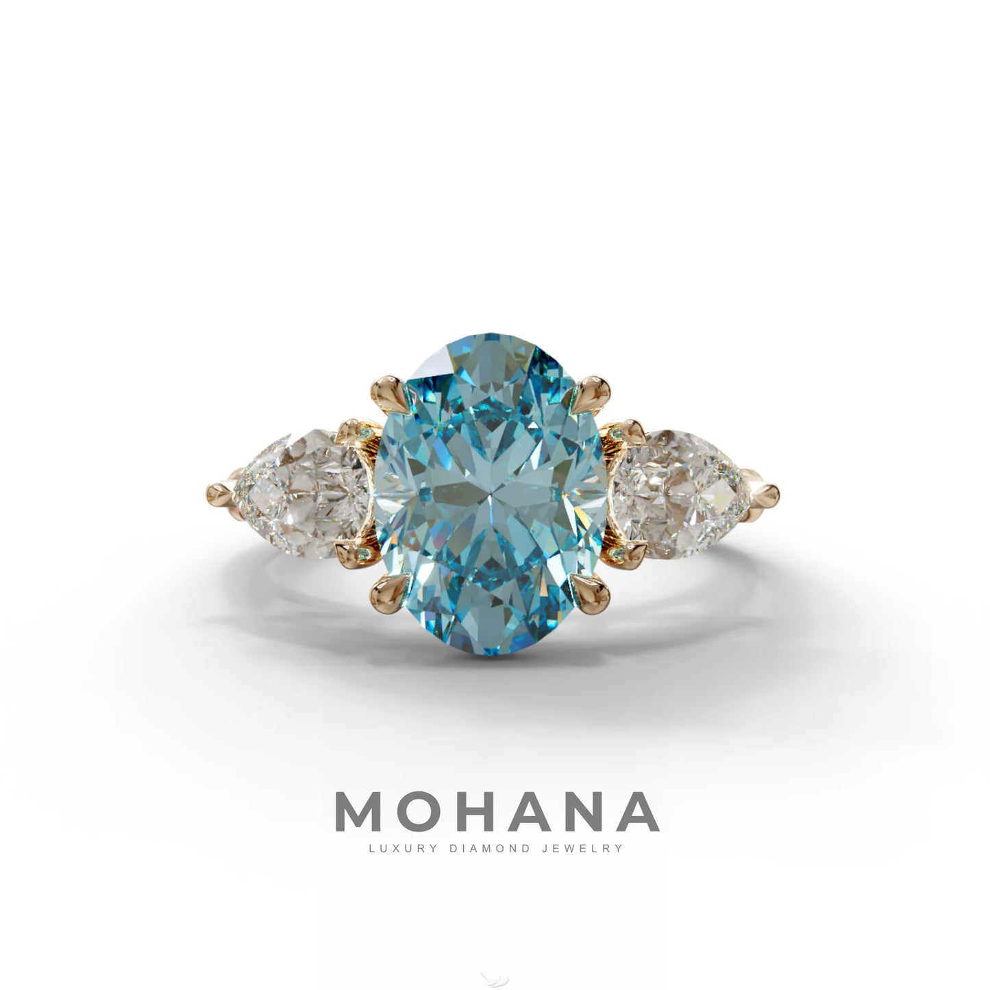 3 Carat Blue Oval Lab Grown Diamond Engagement Ring – Three Stone Pear Cut Setting - 10K Solid Gold / Rose Gold