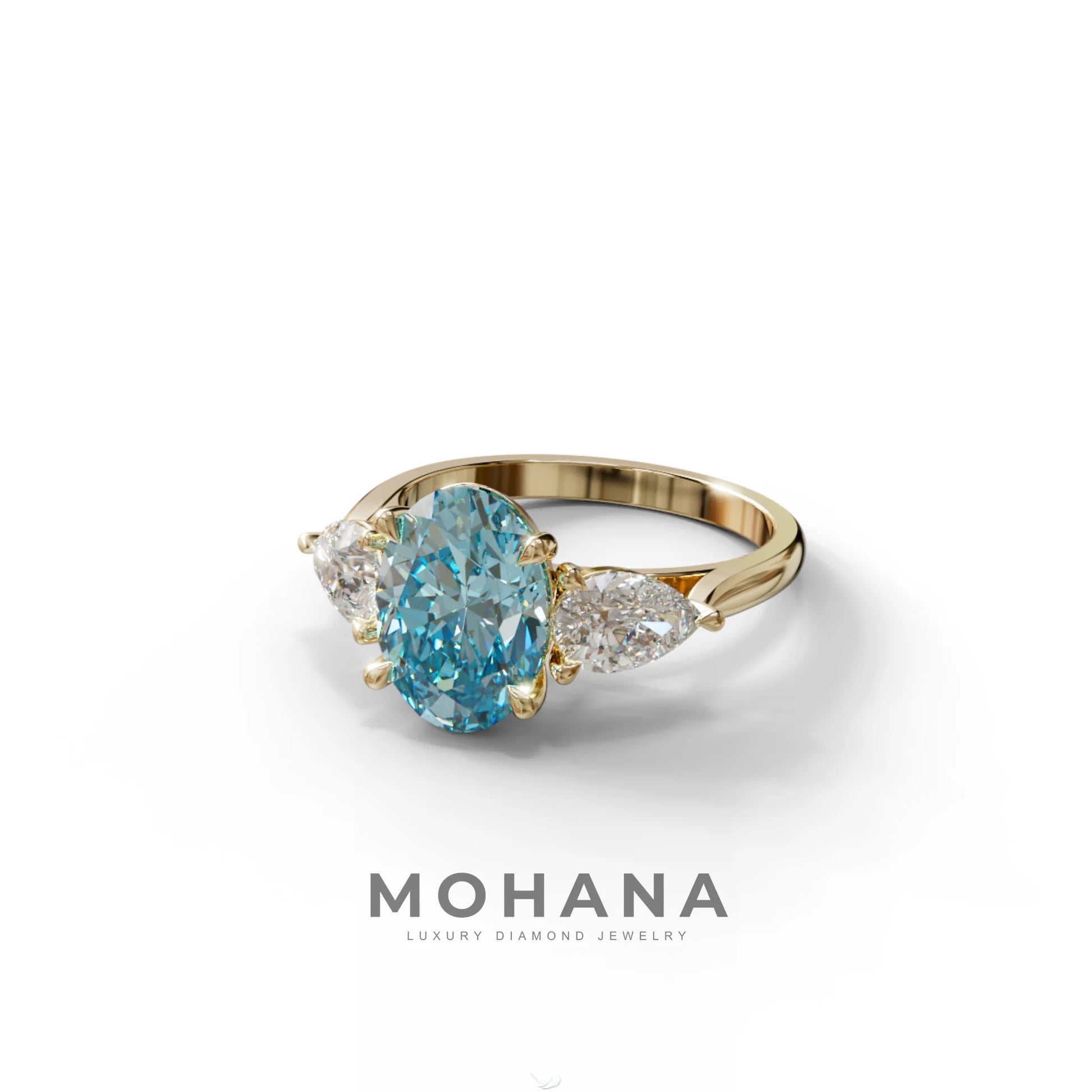 3 Carat Blue Oval Lab Grown Diamond Engagement Ring – Three Stone Pear Cut Setting