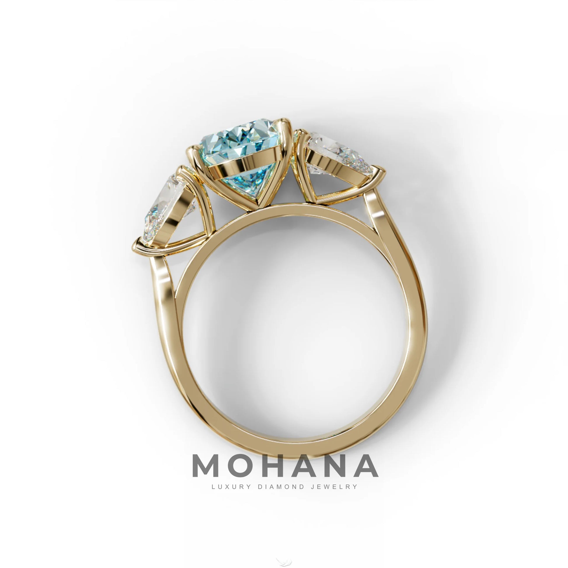 3 Carat Blue Oval Lab Grown Diamond Engagement Ring – Three Stone Pear Cut Setting