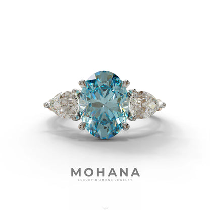 3 Carat Blue Oval Lab Grown Diamond Engagement Ring – Three Stone Pear Cut Setting - 10K Solid Gold / White Gold