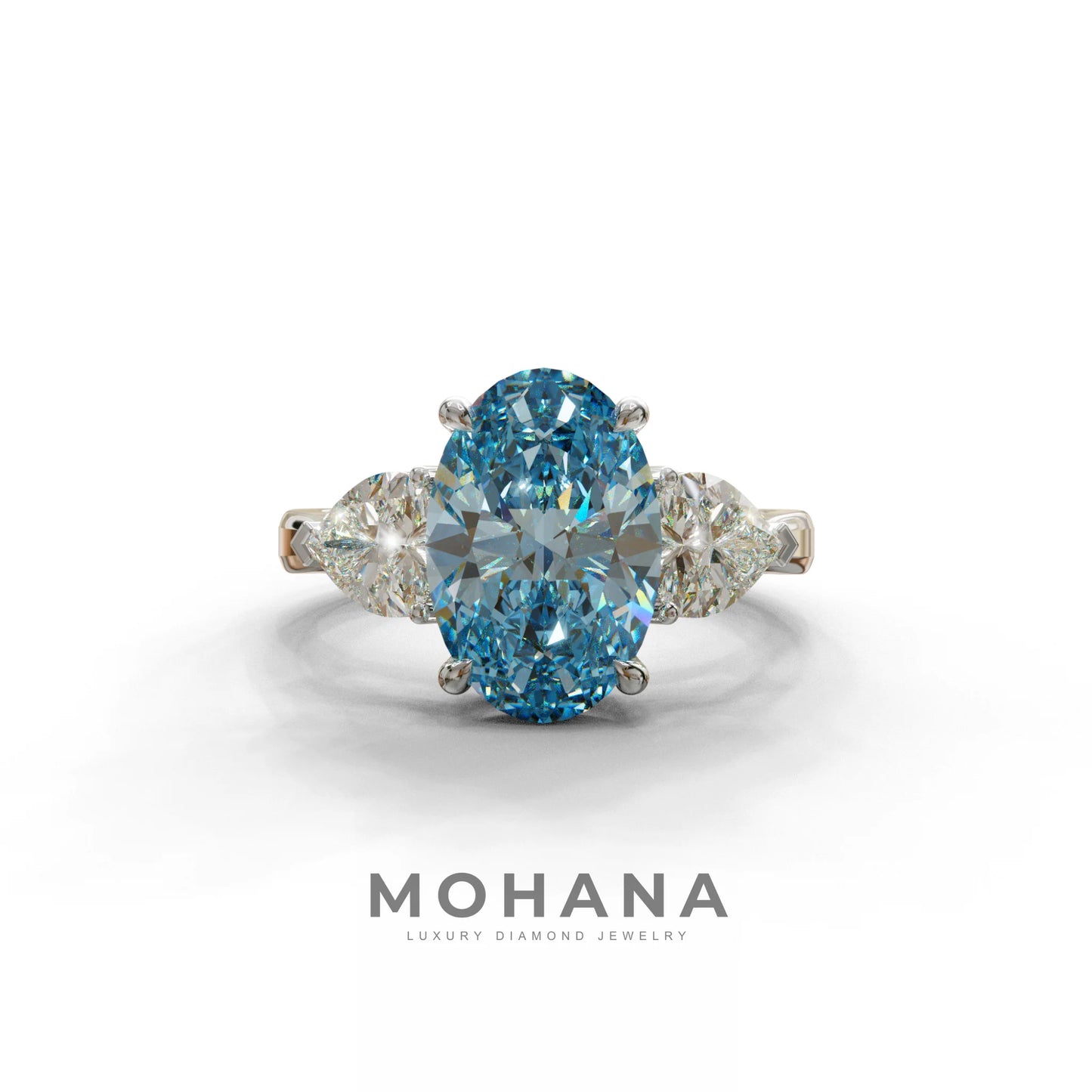 4 Ct Blue Oval & Heart Shape 3 Stone Engagement Diamond Ring - Lucid - 10K Solid Gold / White Gold