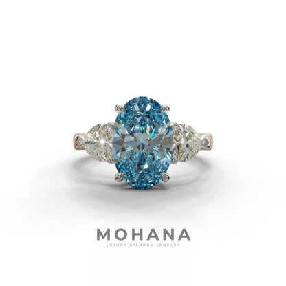 4 Ct Blue Oval & Heart Shape 3 Stone Engagement Diamond Ring - Lucid - 10K Solid Gold / White Gold