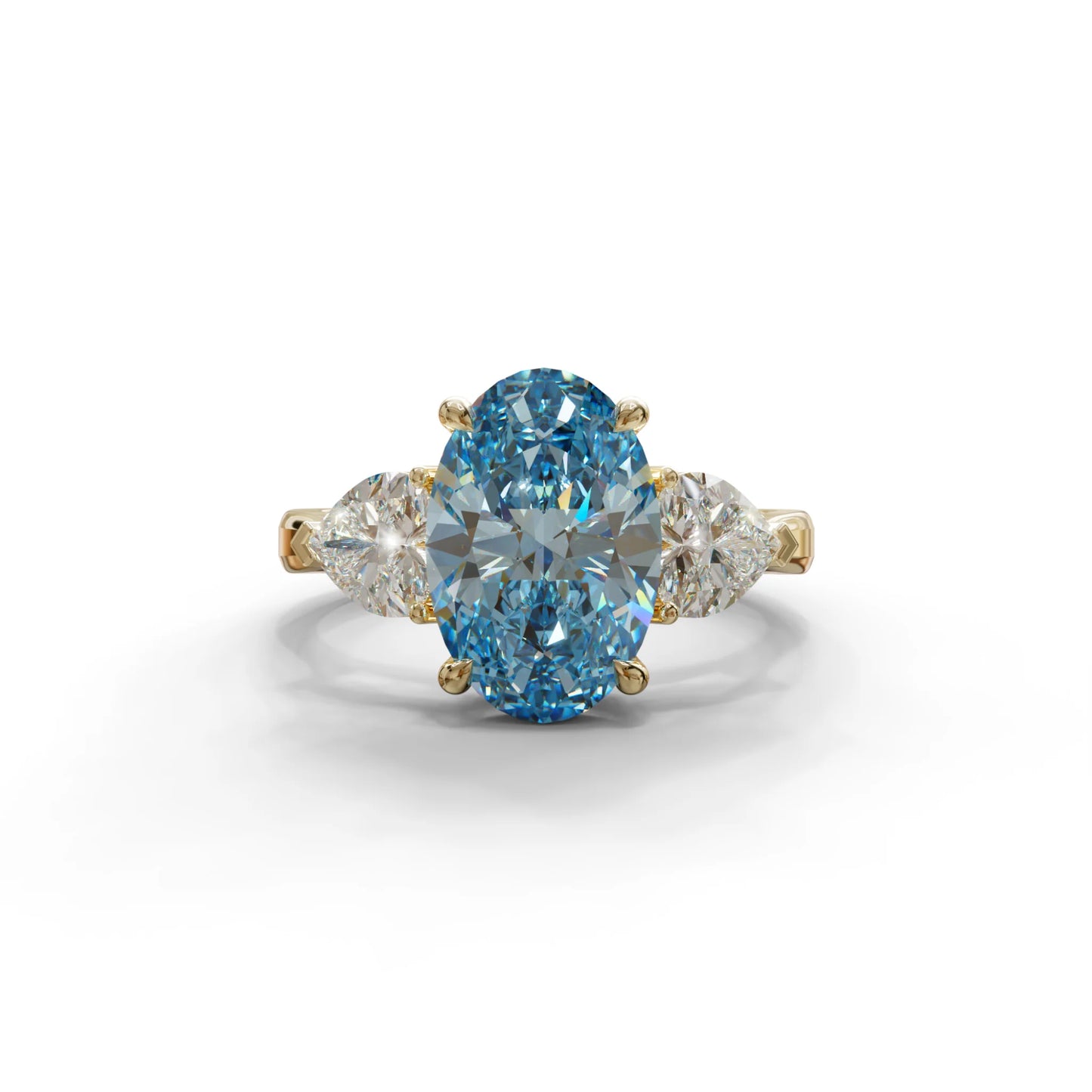 4 Ct Blue Oval & Heart Shape 3 Stone Engagement Diamond Ring - Lucid - 10K Solid Gold / Yellow Gold