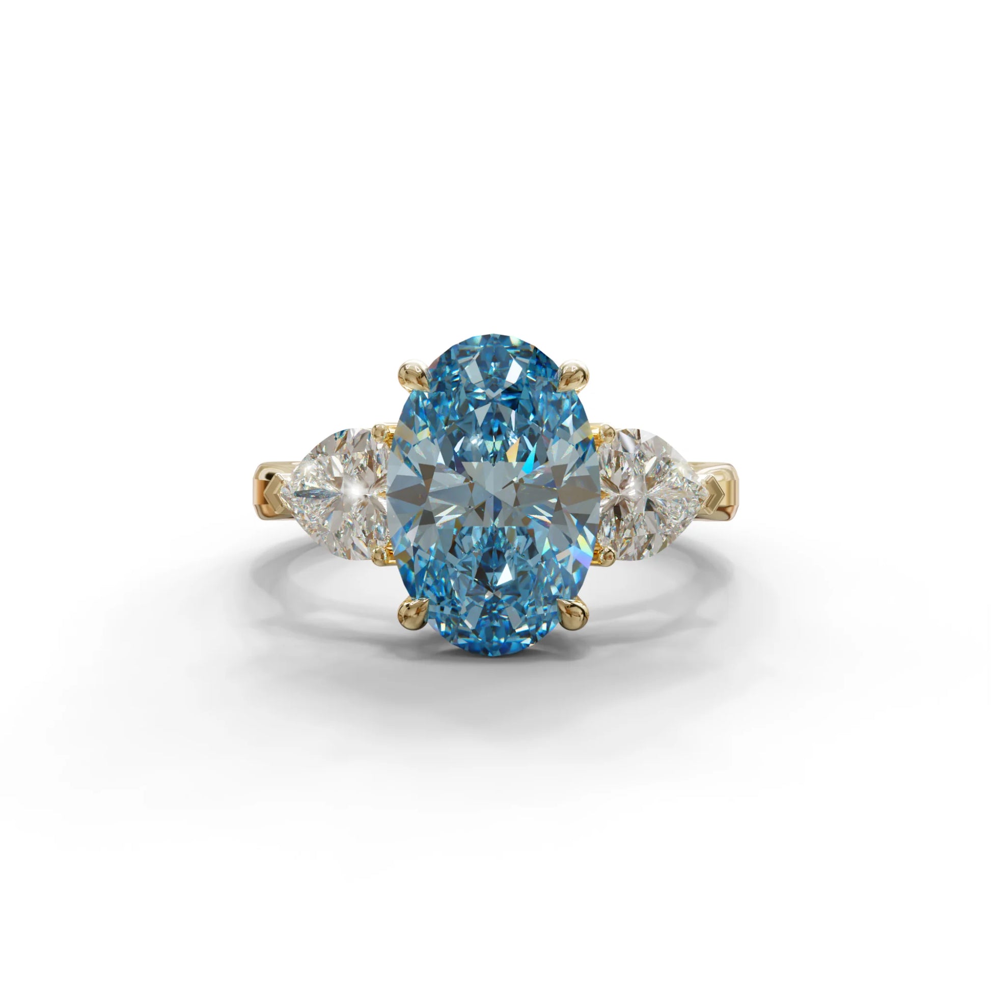 4 Ct Blue Oval & Heart Shape 3 Stone Engagement Diamond Ring - Lucid - 10K Solid Gold / Yellow Gold