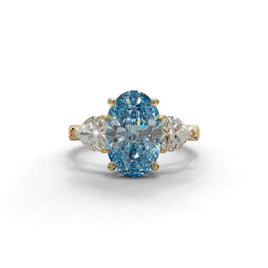 4 Ct Blue Oval & Heart Shape 3 Stone Engagement Diamond Ring - Lucid - 10K Solid Gold / Yellow Gold