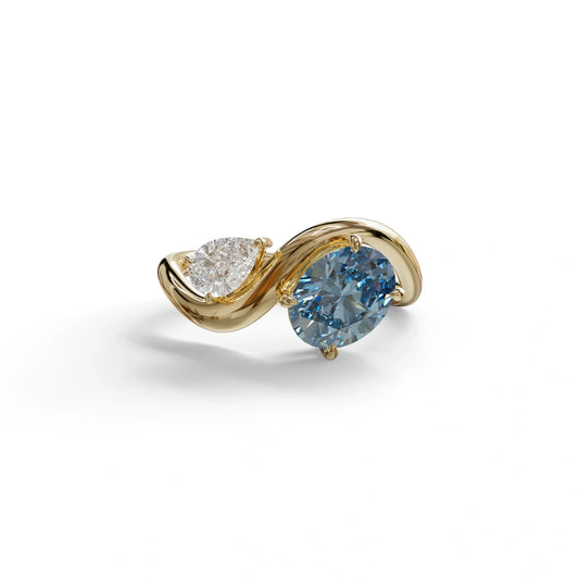 3 Carat Blue Oval and Pear Cut Lab Diamond Engagement Ring - Toi Et Moi - 10K Solid Gold / Yellow Gold
