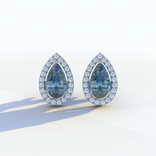 3 Carat Blue Pear Cut Lab Diamond Stud Earrings | Halo Setting - Kelly - 10K Solid Gold / White Gold
