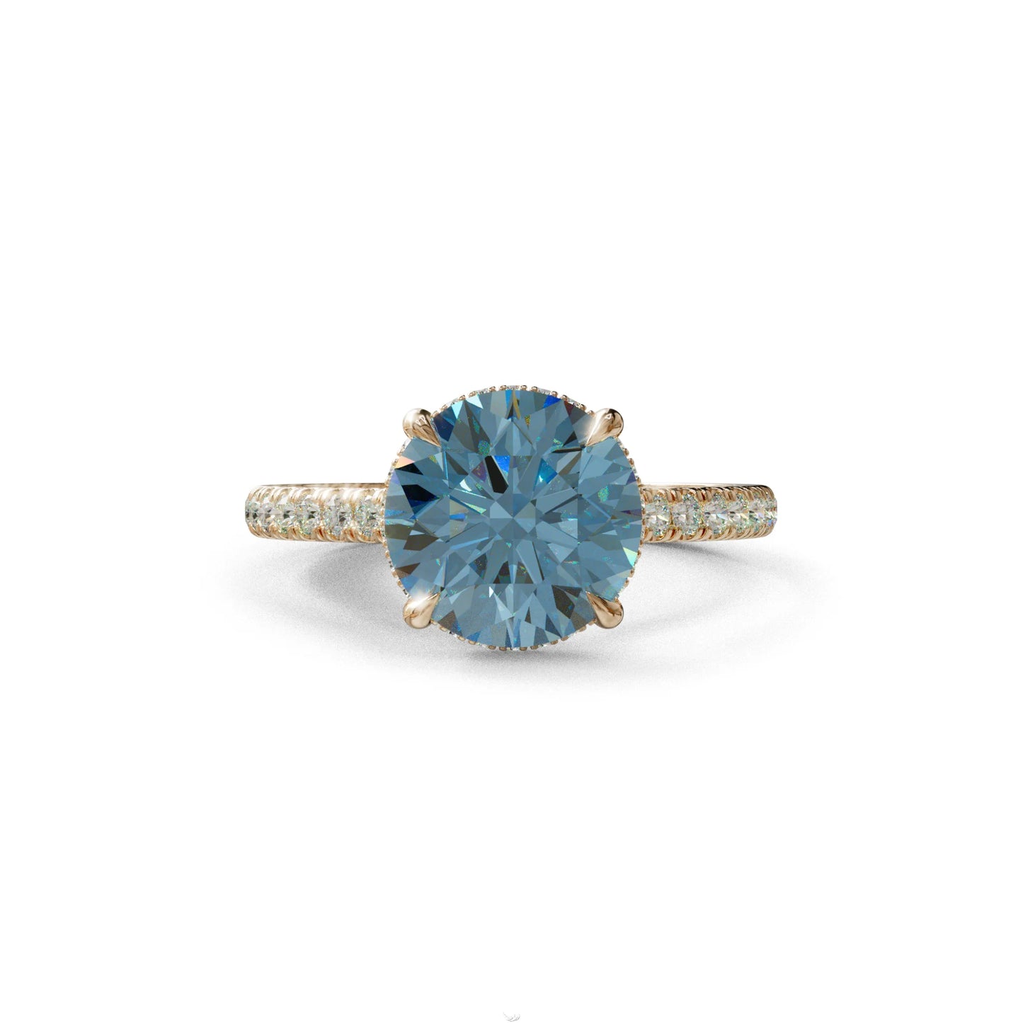 3 Carat Blue Round Cut Hidden Halo & Pave Setting Lab Diamond Ring _- Eblouissant - 10K Solid Gold / Rose Gold