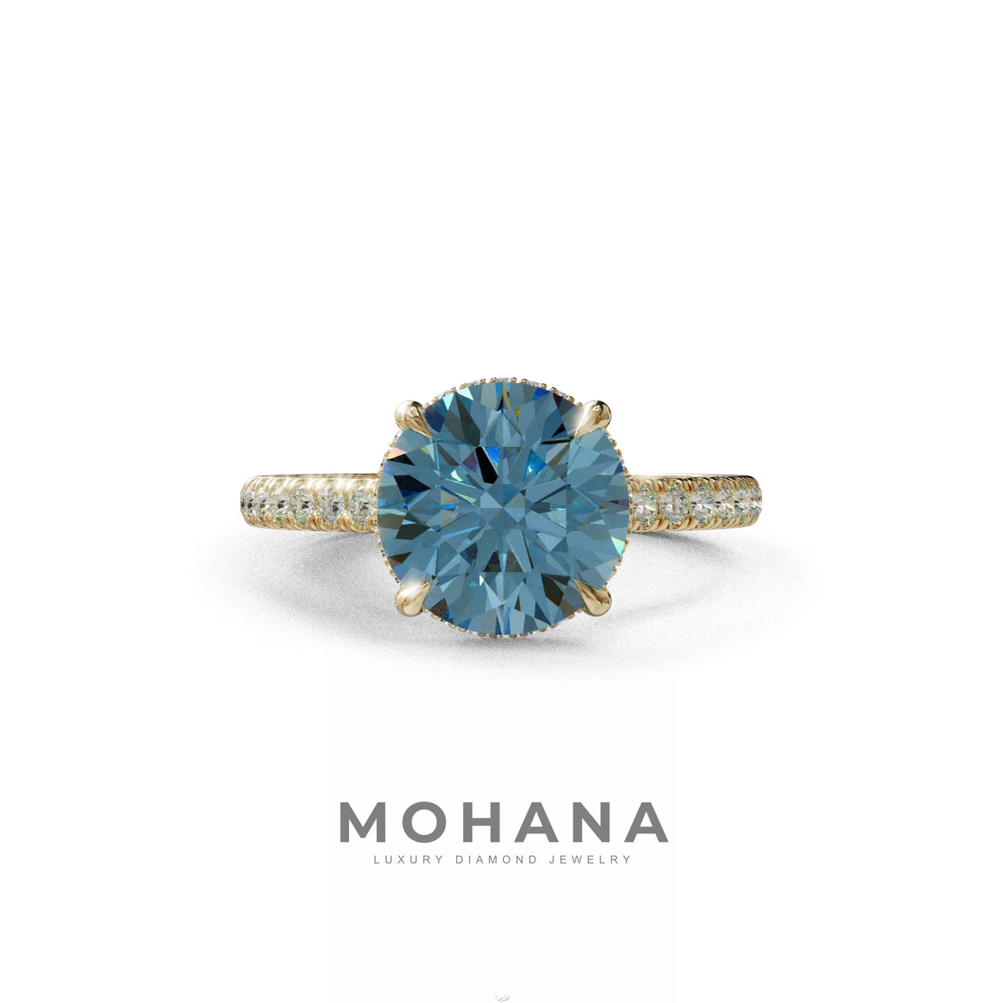 3 Carat Blue Round Cut Hidden Halo & Pave Setting Lab Diamond Ring _- Eblouissant - 10K Solid Gold / Yellow Gold