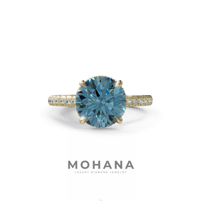 3 Carat Blue Round Cut Hidden Halo & Pave Setting Lab Diamond Ring _- Eblouissant - 10K Solid Gold / Yellow Gold
