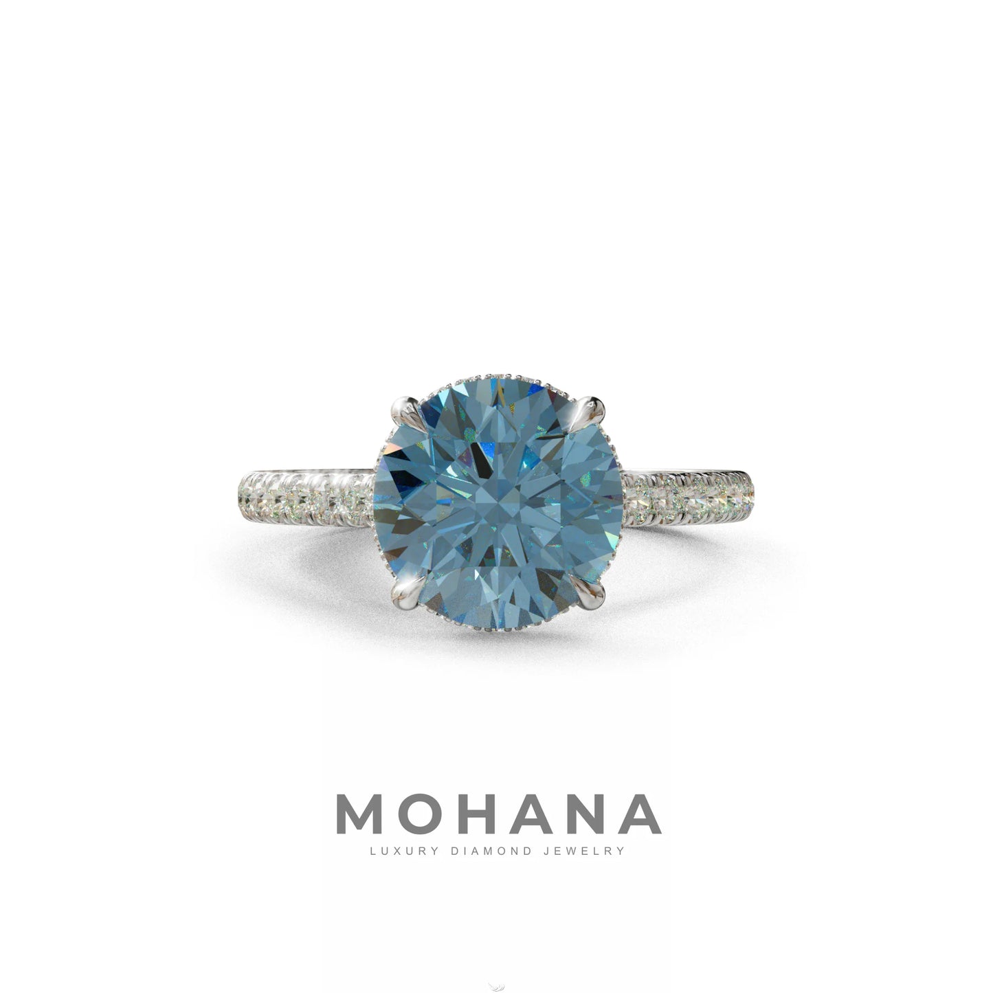 3 Carat Blue Round Cut Hidden Halo & Pave Setting Lab Diamond Ring _- Eblouissant - 10K Solid Gold / White Gold
