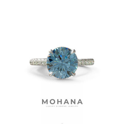3 Carat Blue Round Cut Hidden Halo & Pave Setting Lab Diamond Ring _- Eblouissant - 10K Solid Gold / White Gold