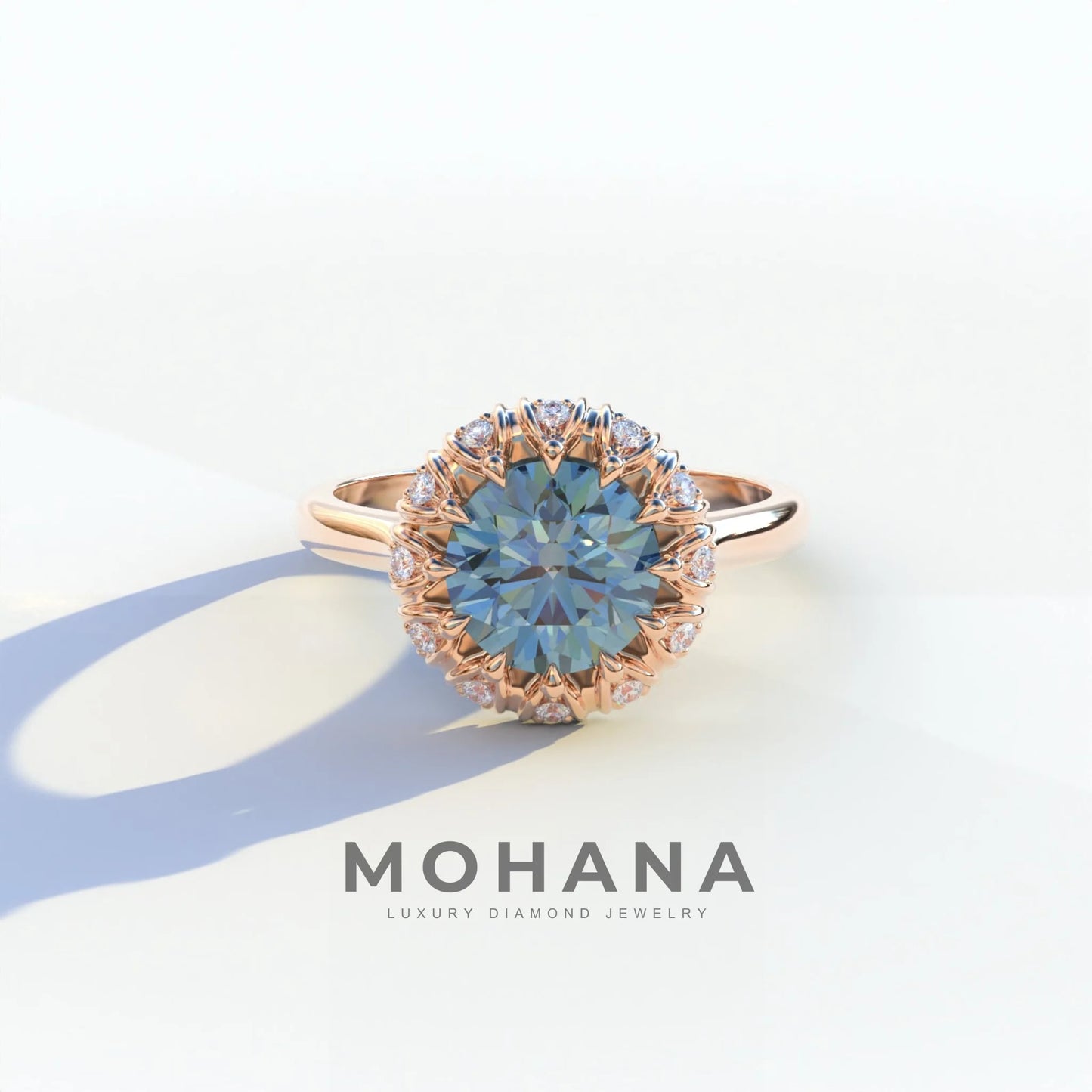 3 Carat Blue Round Shaped Halo Lab Diamond Ring - Sunflower - 10K Solid Gold / Rose Gold