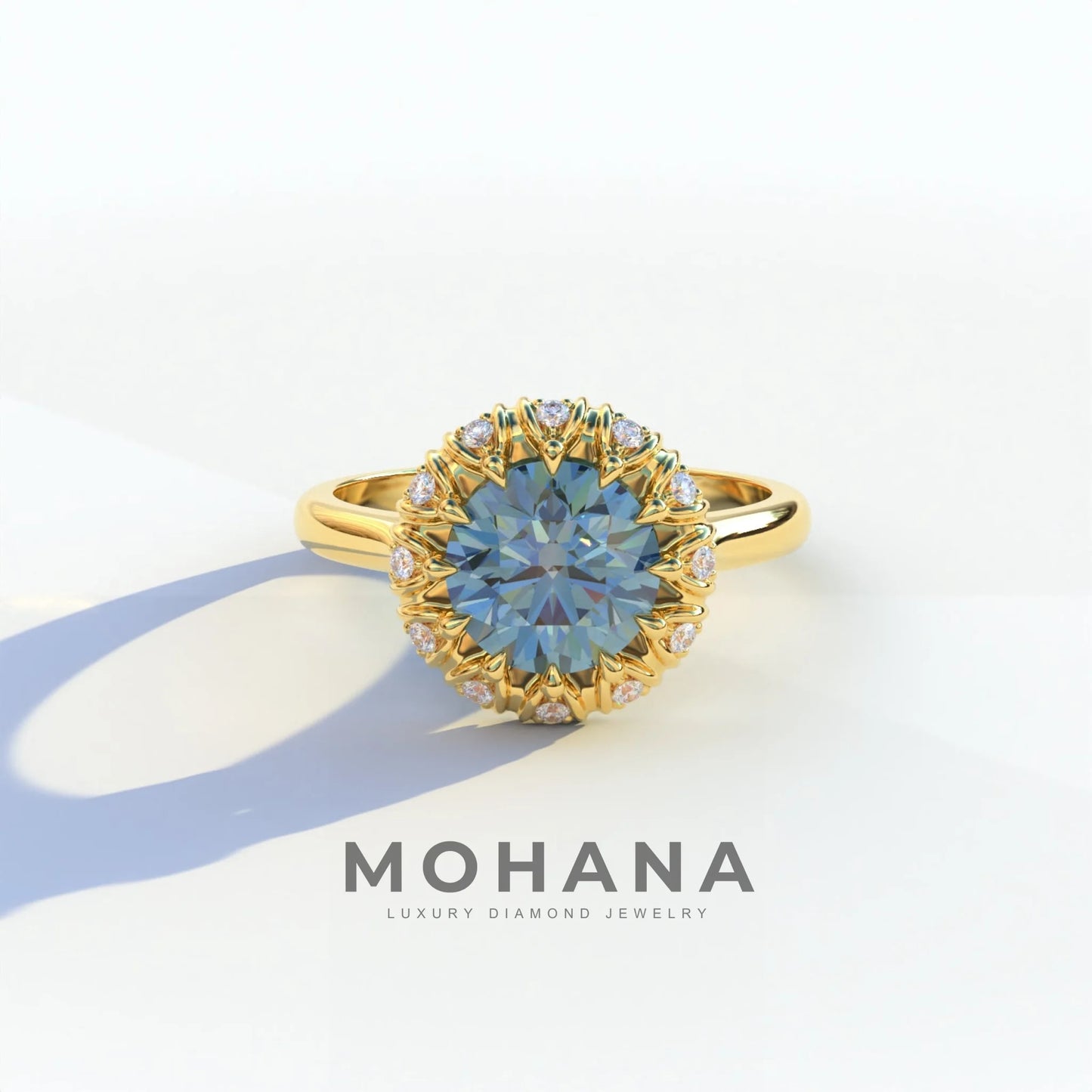 3 Carat Blue Round Shaped Halo Lab Diamond Ring - Sunflower - 10K Solid Gold / Yellow Gold