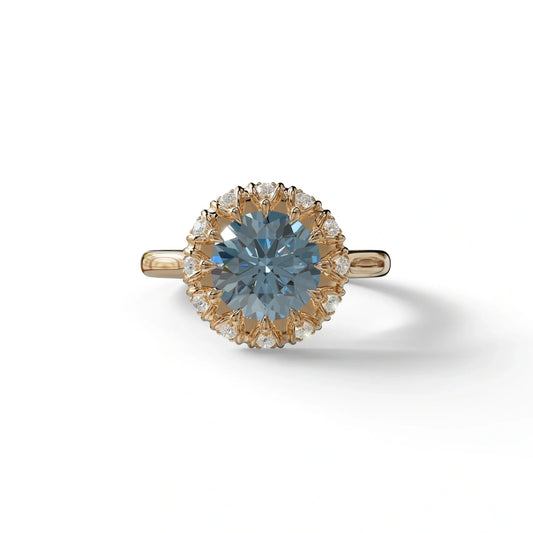 3 Carat Blue Round Shaped Halo Lab Diamond Ring - Sunflower - 10K Solid Gold / Rose Gold
