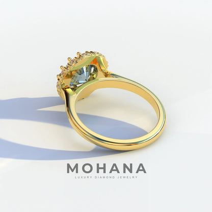 3 Carat Blue Round Shaped Halo Lab Diamond Ring - Sunflower
