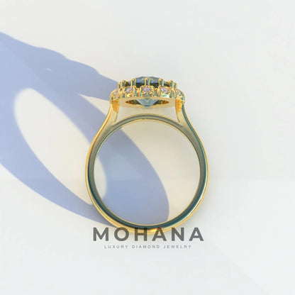 3 Carat Blue Round Shaped Halo Lab Diamond Ring - Sunflower