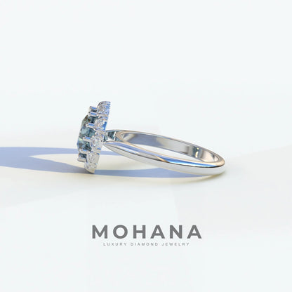 3 Carat Blue Round Shaped Halo Lab Diamond Ring - Sunflower