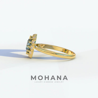 3 Carat Blue Round Shaped Halo Lab Diamond Ring - Sunflower