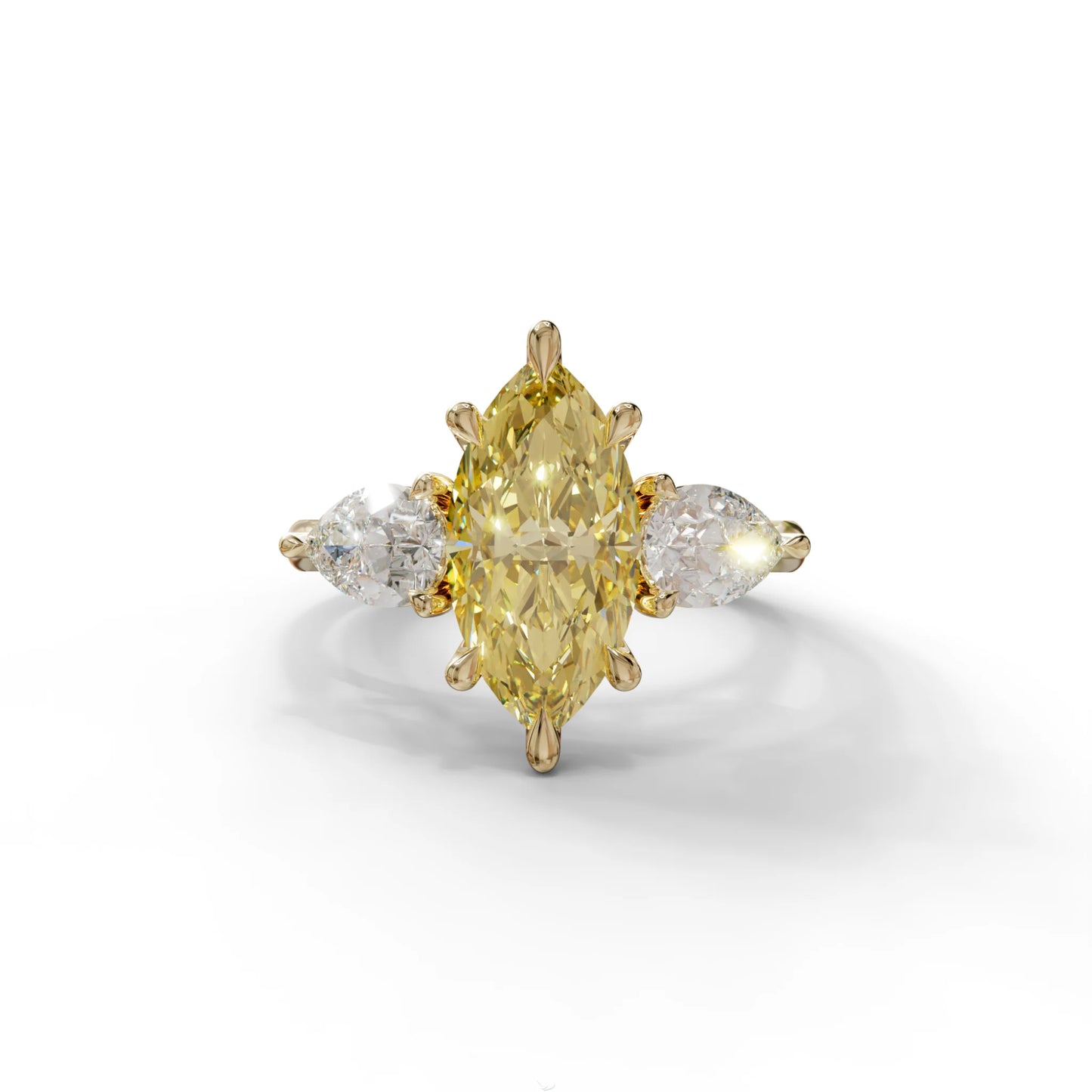 3 Carat Canary Yellow Marquise & Pear Cut Three Stone Lab Grown Diamond Engagement Ring - 10K Solid Gold / Yellow Gold