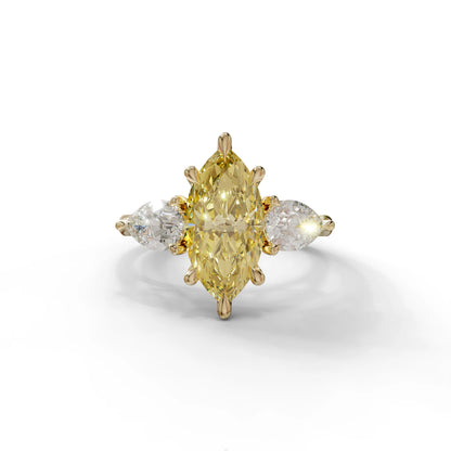 3 Carat Canary Yellow Marquise & Pear Cut Three Stone Lab Grown Diamond Engagement Ring - 10K Solid Gold / Yellow Gold