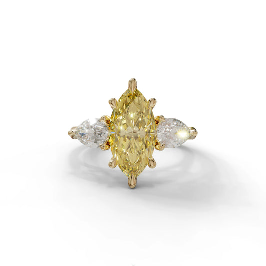 3 Carat Canary Yellow Marquise & Pear Cut Three Stone Lab Grown Diamond Engagement Ring - 10K Solid Gold / Yellow Gold