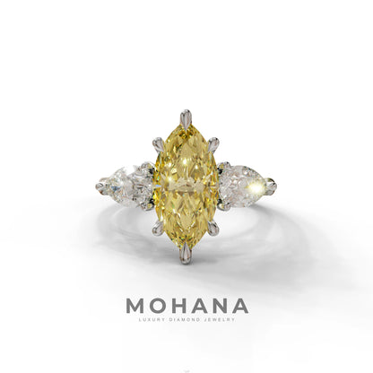 3 Carat Canary Yellow Marquise & Pear Cut Three Stone Lab Grown Diamond Engagement Ring - 10K Solid Gold / White Gold