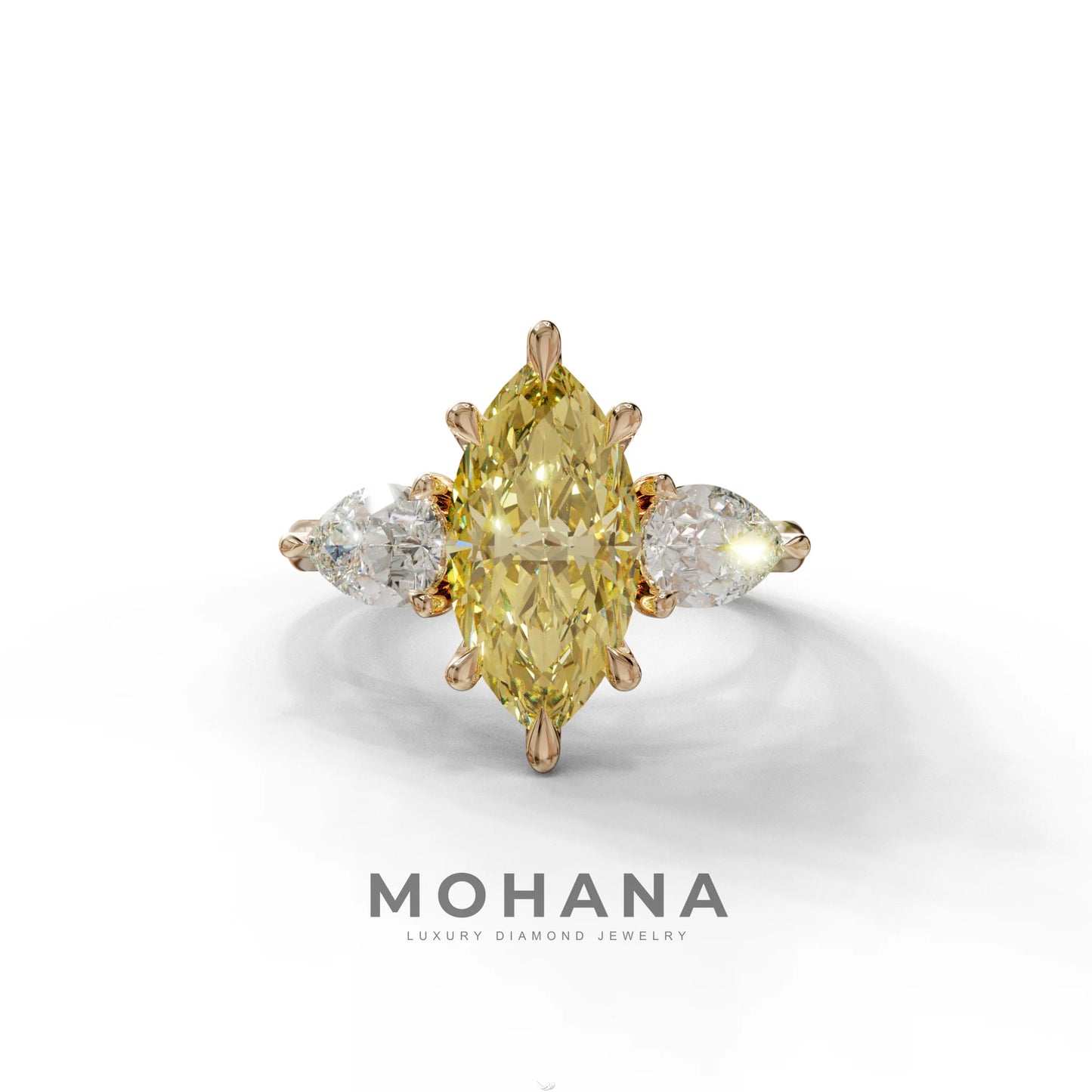 3 Carat Canary Yellow Marquise & Pear Cut Three Stone Lab Grown Diamond Engagement Ring - 10K Solid Gold / Rose Gold