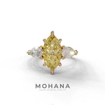 3 Carat Canary Yellow Marquise & Pear Cut Three Stone Lab Grown Diamond Engagement Ring - 10K Solid Gold / Rose Gold