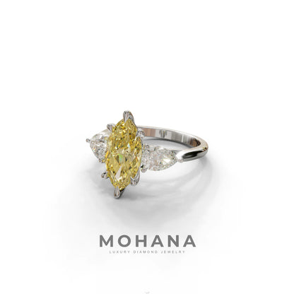 3 Carat Canary Yellow Marquise & Pear Cut Three Stone Lab Grown Diamond Engagement Ring