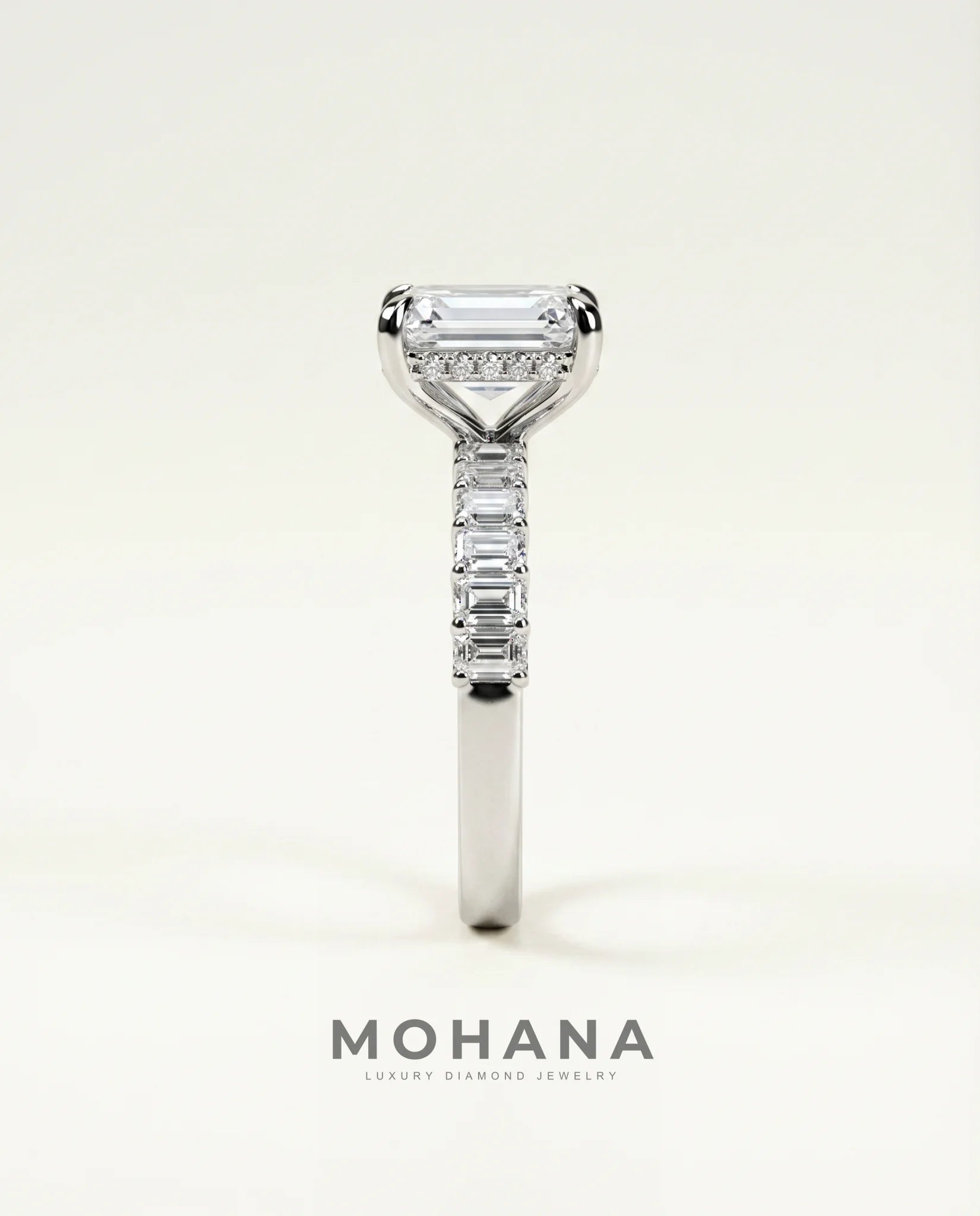 Ready to Ship 3 Carat Colorless Emerald Cut Step-Cut Accent White Gold Diamond Ring — view 3