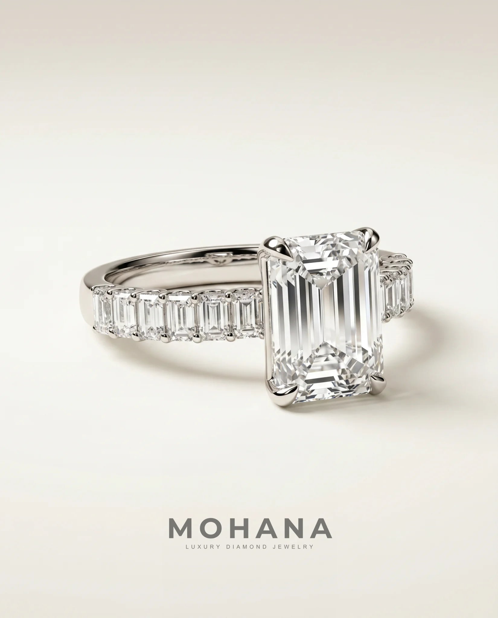 Ready to Ship 3 Carat Colorless Emerald Cut Step-Cut Accent White Gold Diamond Ring — view 1