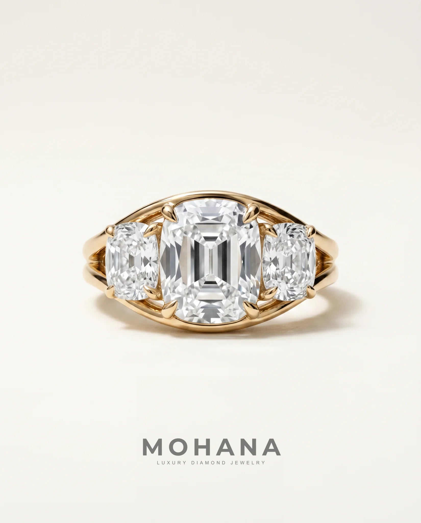 Ready to Ship 3 Carat Colorless Old Mine Cut Three-Stone Yellow Gold Diamond Ring — view 2