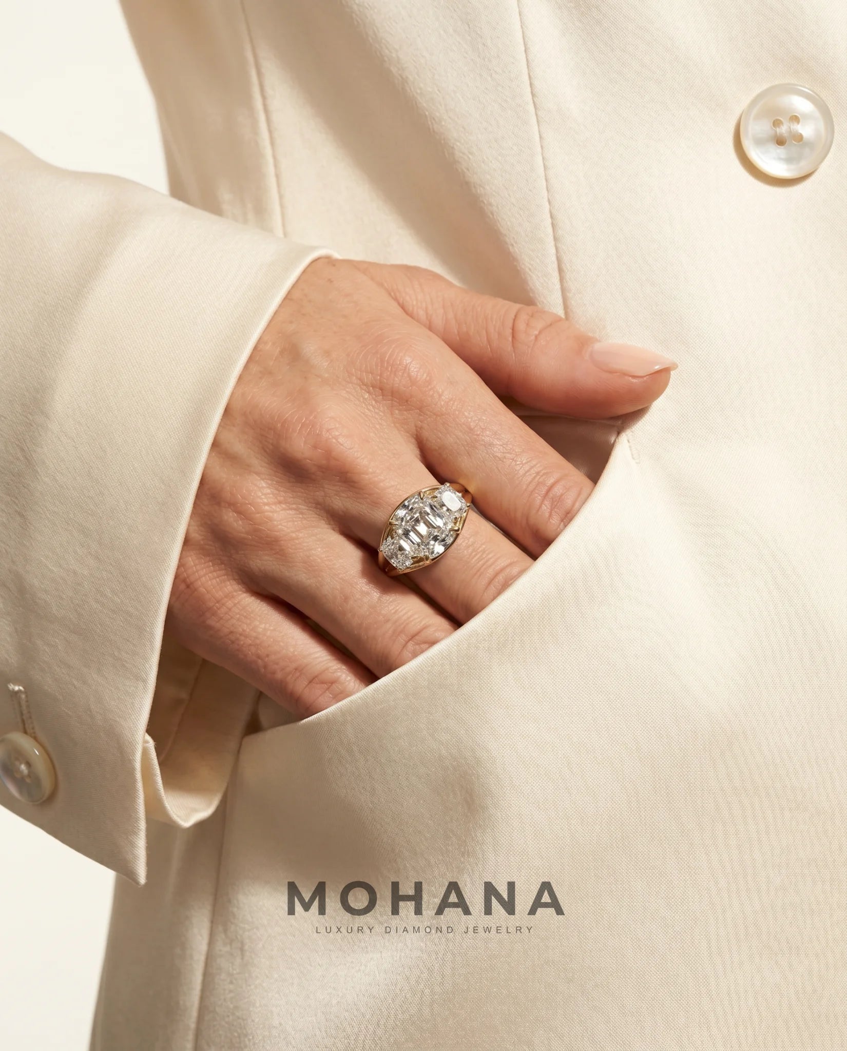 Ready to Ship 3 Carat Colorless Old Mine Cut Three-Stone Yellow Gold Diamond Ring — view 12